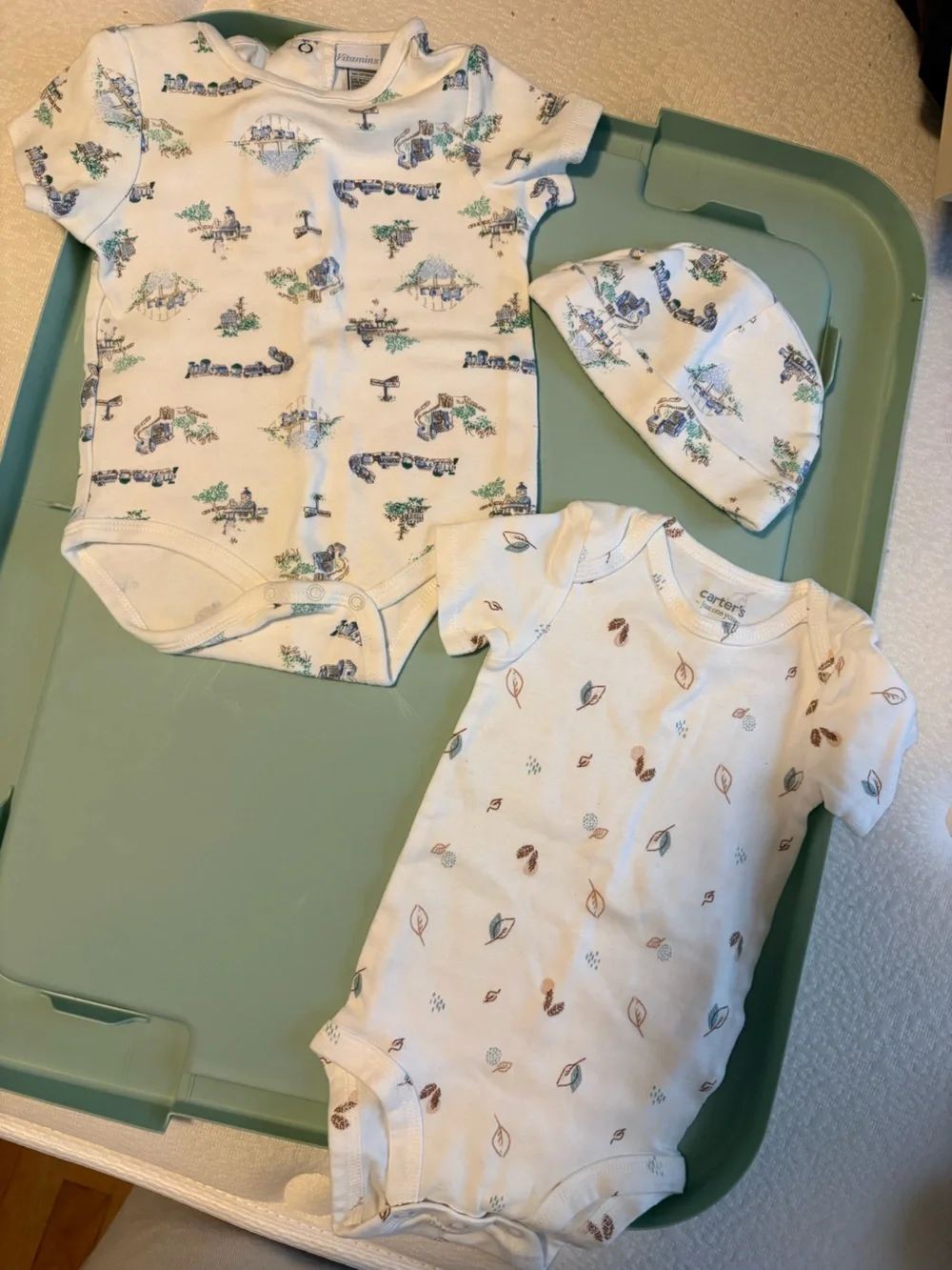 Carter's White Cream Baby Bodysuit Set with Green & Brown Nature Prints